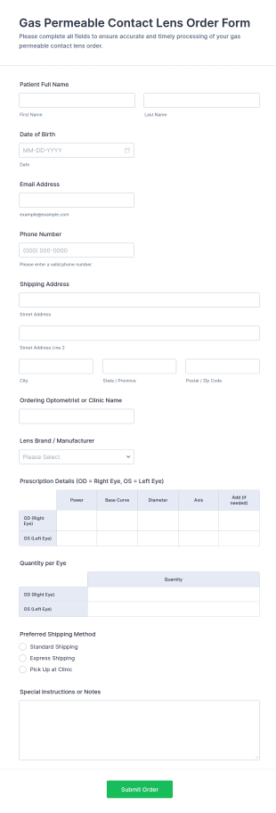 Gas Permeable Contact Lens Order Form Template