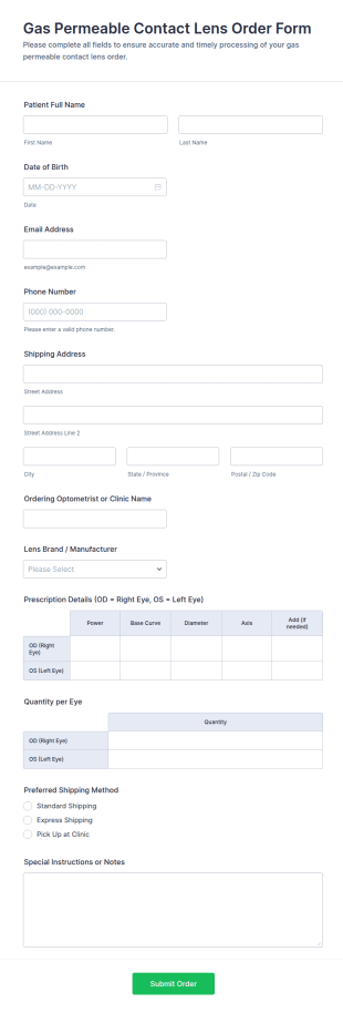 Gas Permeable Contact Lens Order Form Template