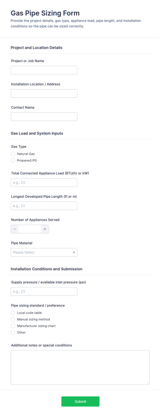 Gas Pipe Sizing Form Template
