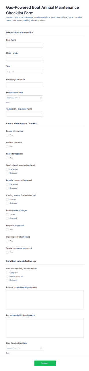 Gas Powered Boat Annual Maintenance Checklist Form Template