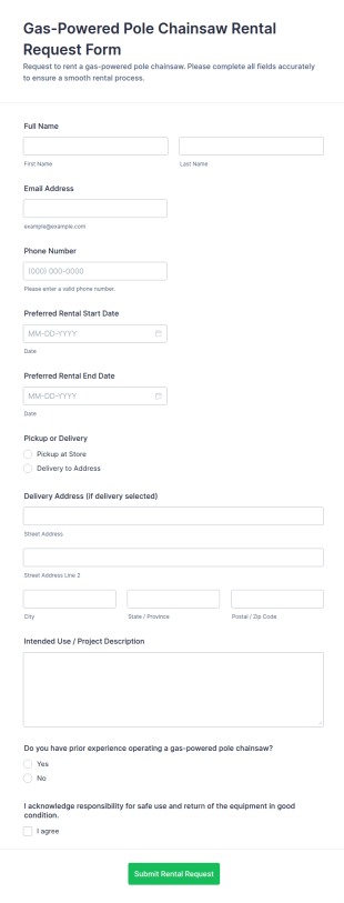Gas Powered Pole Chainsaw Rental Request Form Template