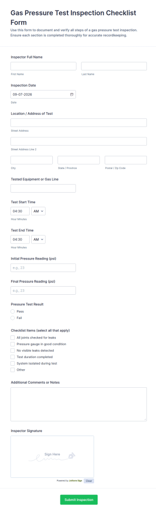 Gas Pressure Test Inspection Checklist Form Template