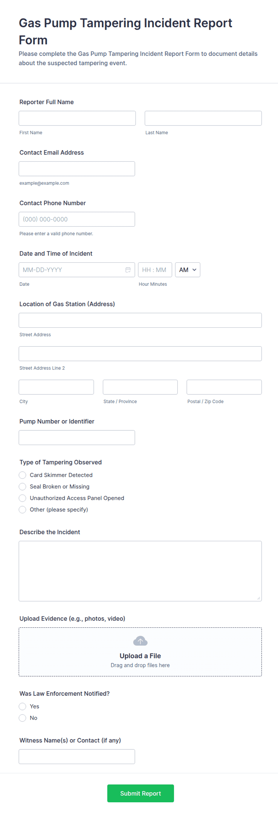 Gas Pump Tampering Incident Report Form Template | Jotform