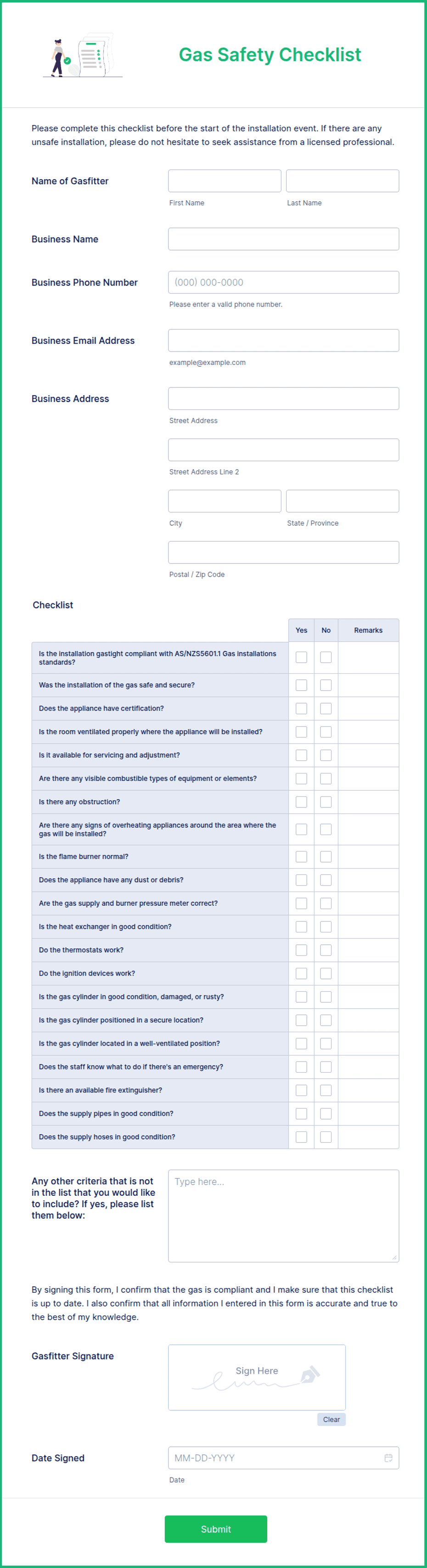 Gas Safety Checklist Form Template | Jotform