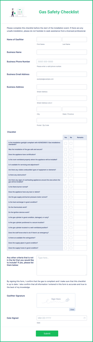Gas Safety Checklist Form Template