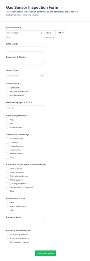 Gas Sensor Inspection Form Template