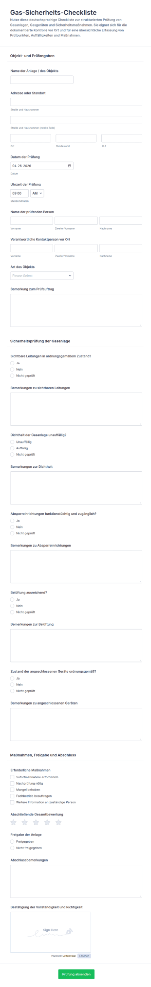 Gas Sicherheits Checkliste Formular