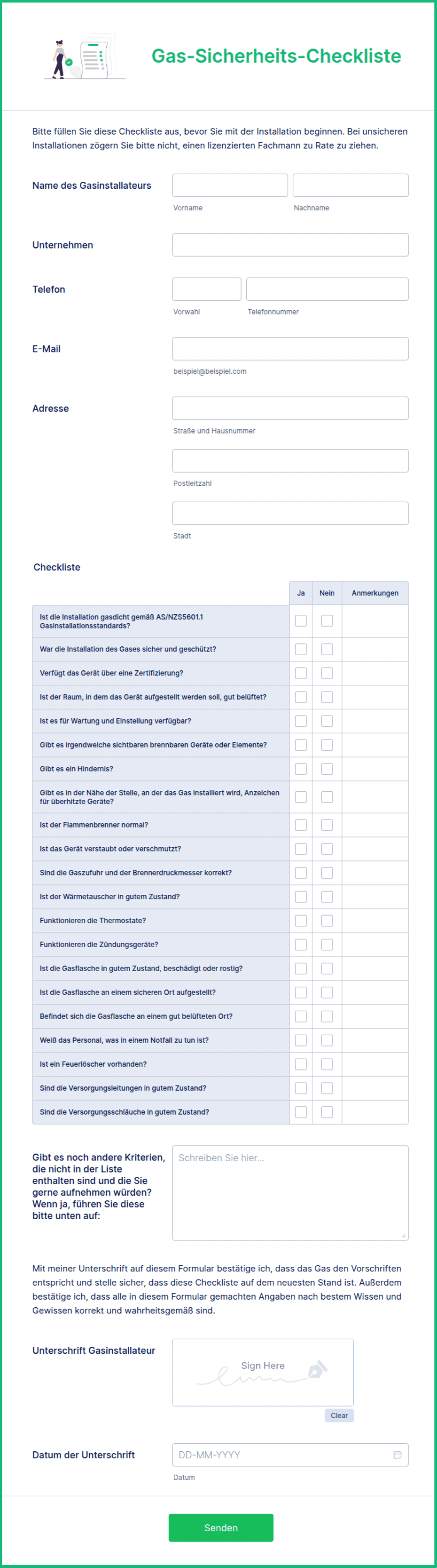 Gas-Sicherheits-Checkliste Formularvorlage | Jotform