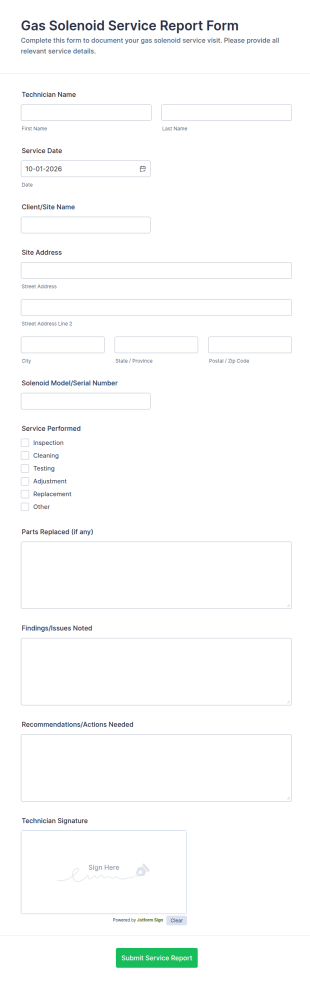 Gas Solenoid Service Report Form Template