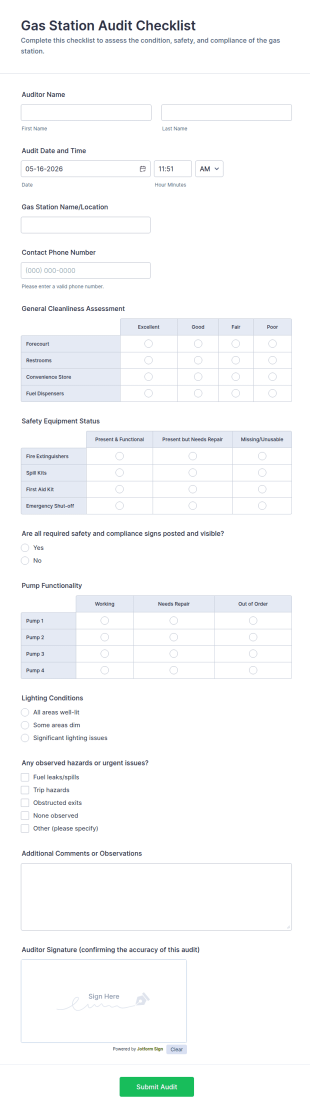 Gas Station Audit Checklist Form Template