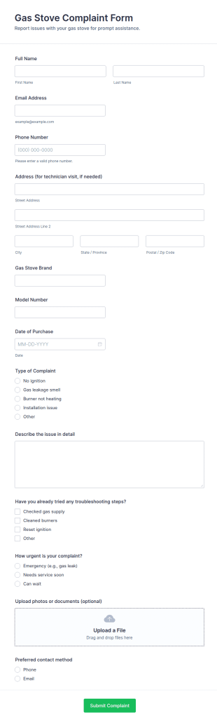 Gas Stove Complaint Form Template
