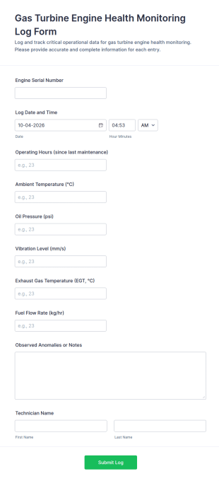 Gas Turbine Engine Health Monitoring Log Form Template