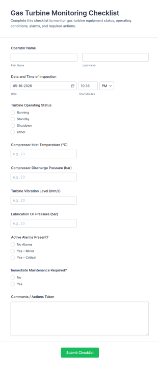 Gas Turbine Monitoring Checklist Form Template