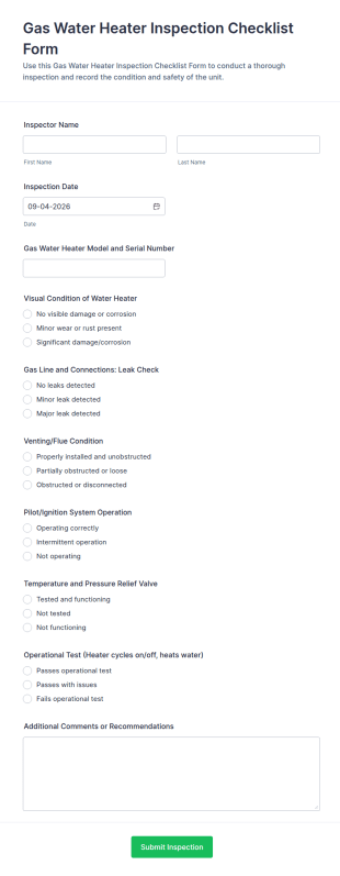 Gas Water Heater Inspection Checklist Form Template