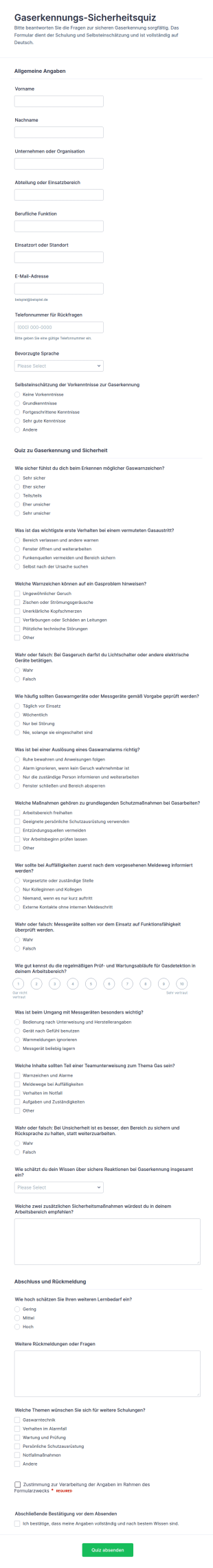 Gasdetektions Sicherheitsquiz