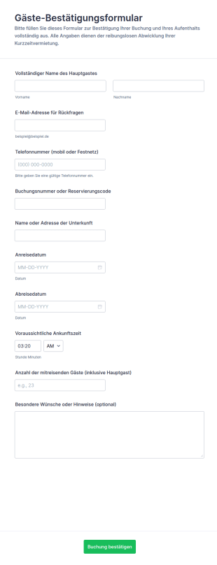 Gästebestätigung Für Buchungen Und Kurzzeitvermietungen Formular