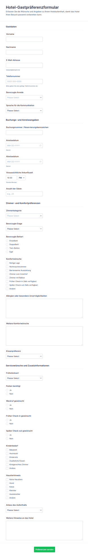 Gästewünsche Buchungsformular