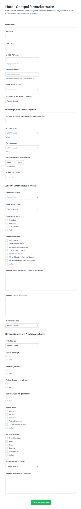 Gästewünsche Buchungsformular