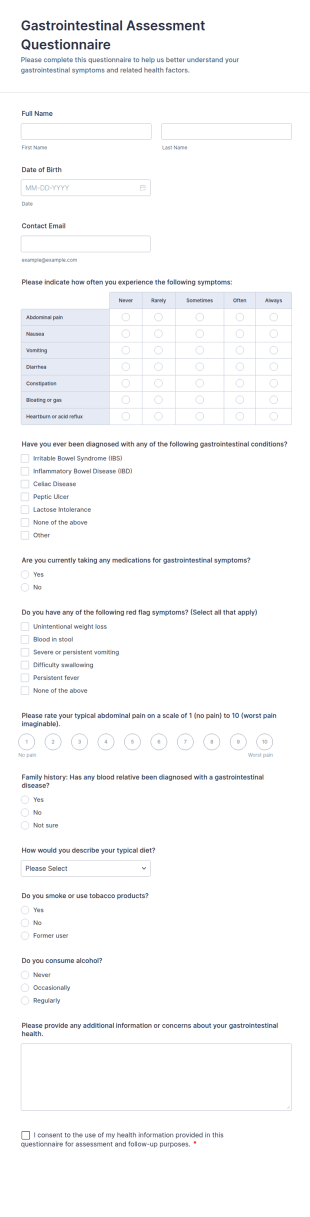 Gastrointestinal Assessment Questionnaire Form Template