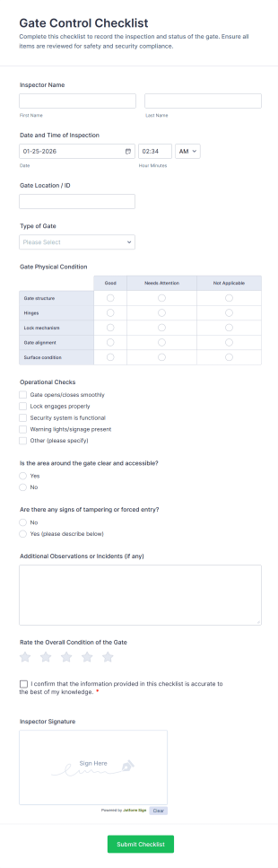 Gate Control Checklist Form Template