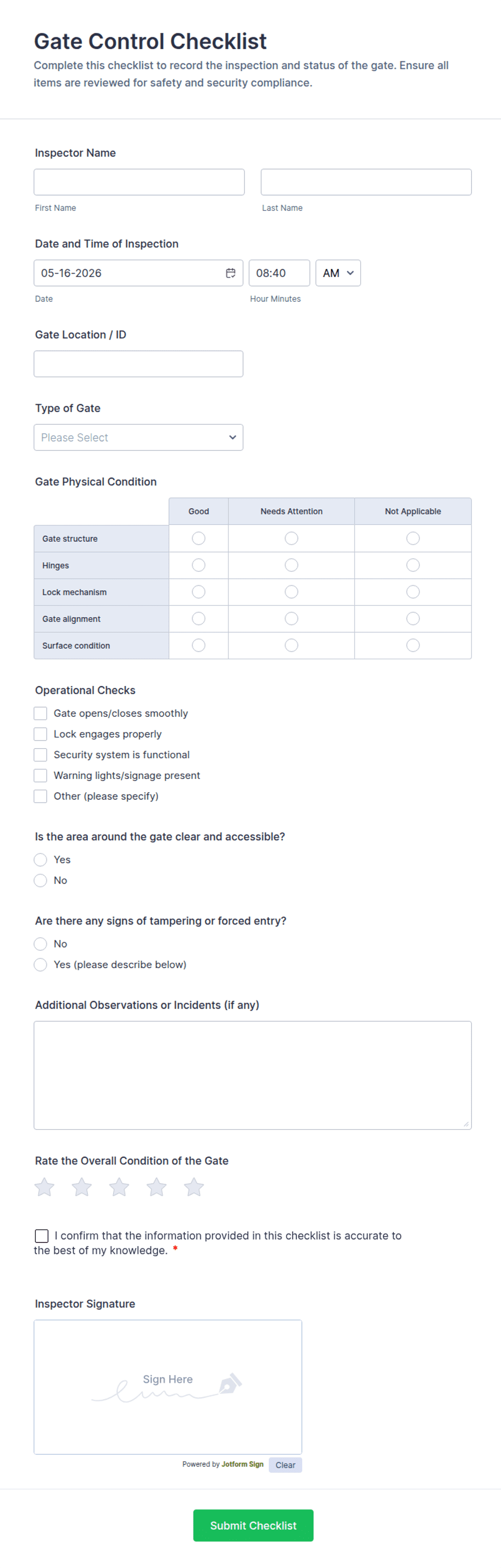 Gate Control Checklist Form Template | Jotform