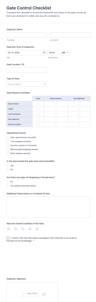 Gate Control Checklist Form Template