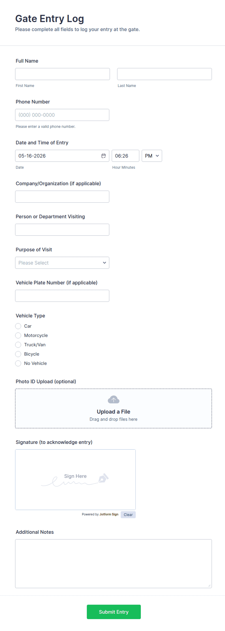 Gate Entry Log Form Template | Jotform
