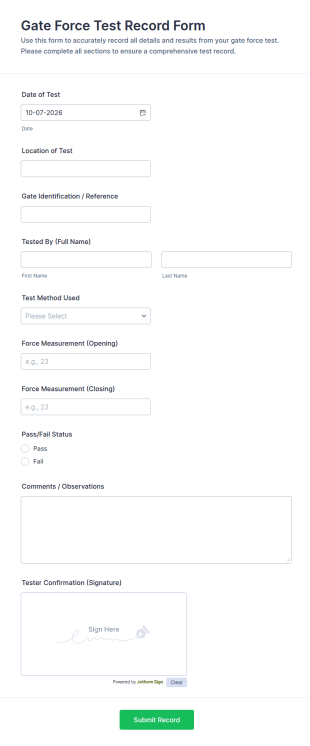 Gate Force Test Record Form Template