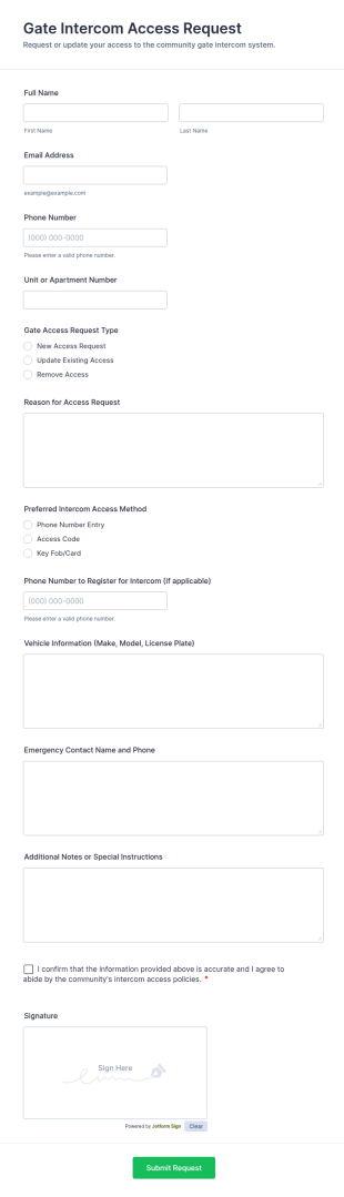 Gate Intercom Access Request Form Template