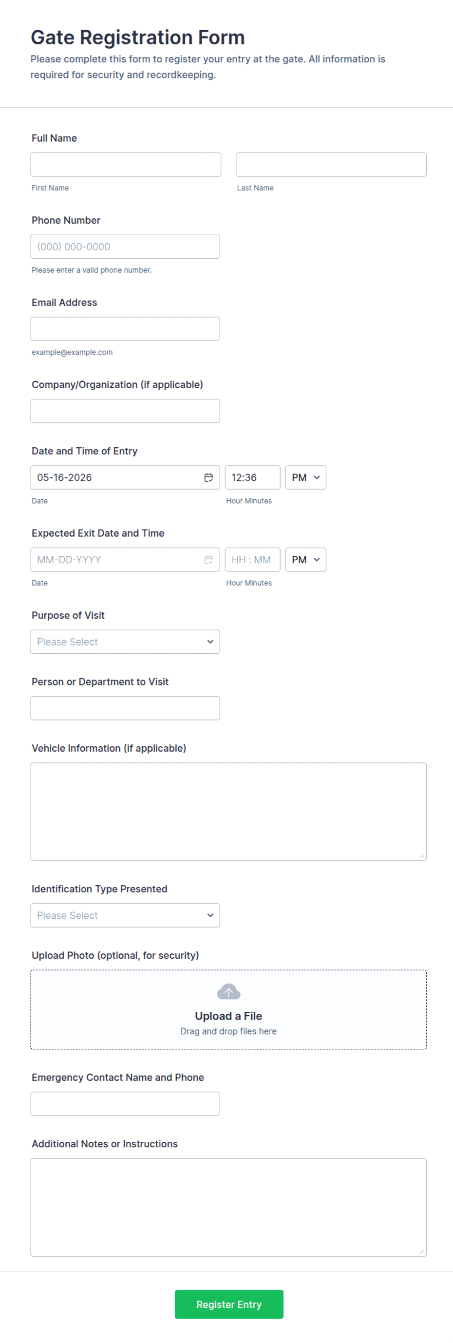 Gate Registration Form Template | Jotform