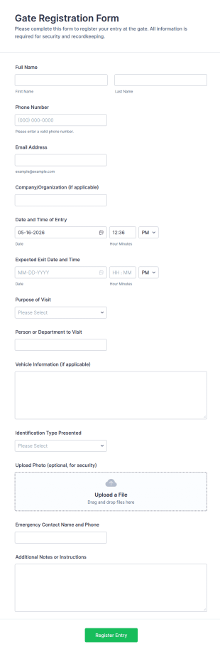 Gate Registration Form Template