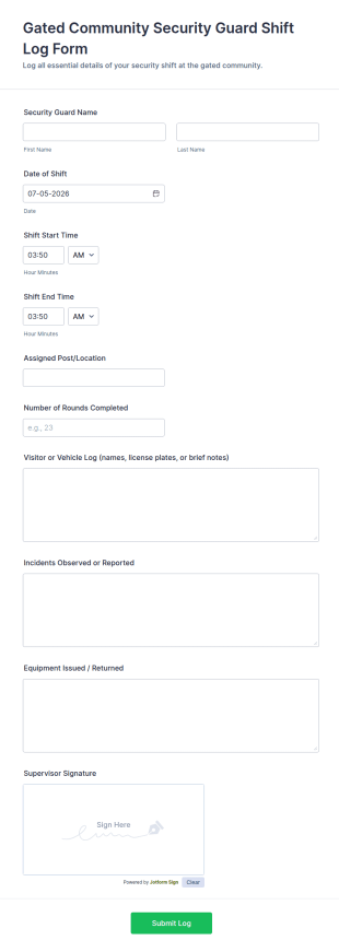Gated Community Security Guard Shift Log Form Template