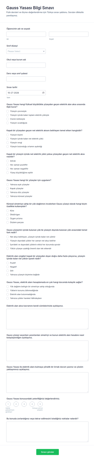 Gauss Yasası Fizik Quiz Form Şablonu