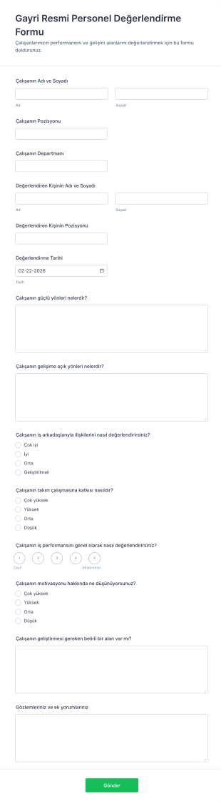 Gayri Resmi Personel Değerlendirme Form Şablonu