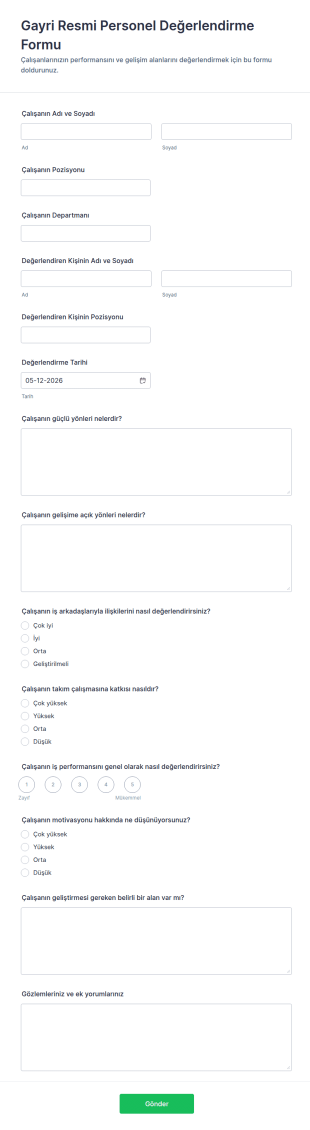 Gayri Resmi Personel Değerlendirme Form Şablonu