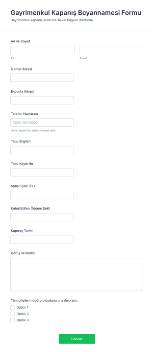 Gayrimenkul Kapanış Beyannamesi Form Şablonu
