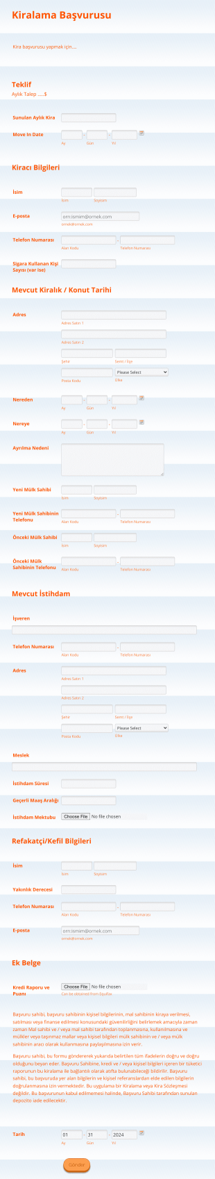 Gayrimenkul Kiralama Başvuru Form Template