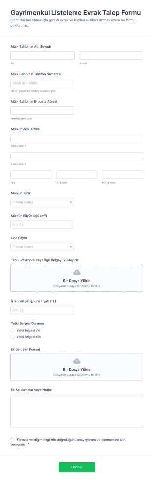 Gayrimenkul Listeleme Evrak Talep Form Şablonu