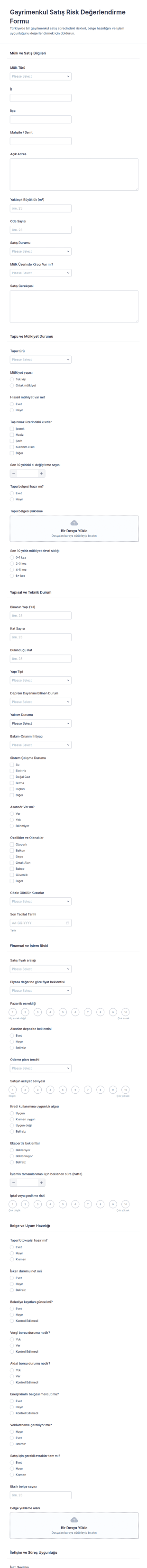 Gayrimenkul Satış Risk Değerlendirme Anketi Form Şablonu
