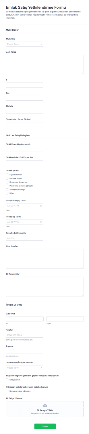 Gayrimenkul Satış Yetki Form Şablonu