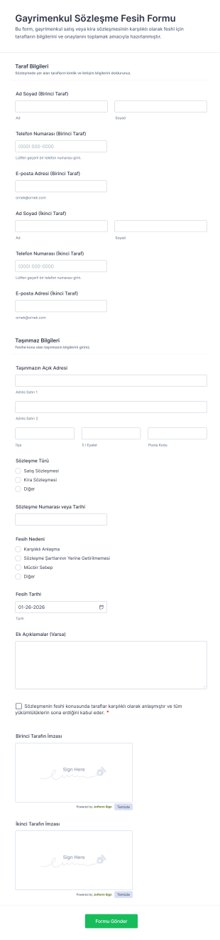 Gayrimenkul Sözleşme Fesih Form Şablonu