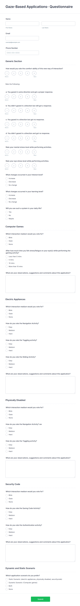 Eye Tracking Interaction User Feedback Form Template