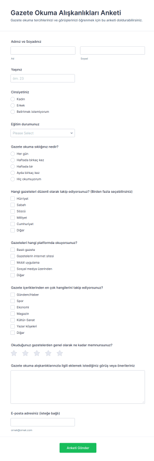 Gazete Okuma Alışkanlıkları Anketi Form Şablonu