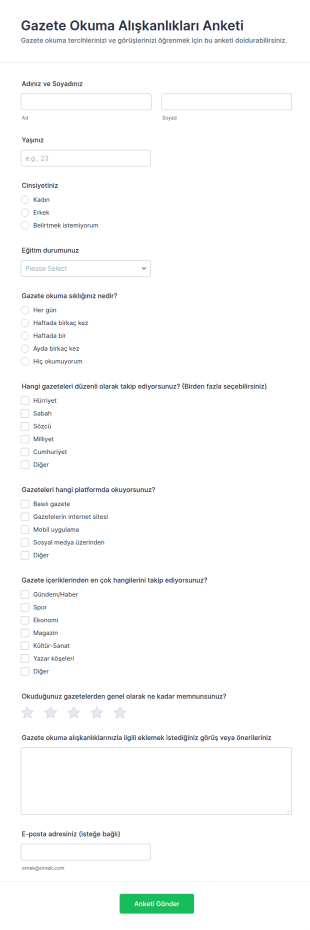 Gazete Okuma Alışkanlıkları Anketi Form Şablonu
