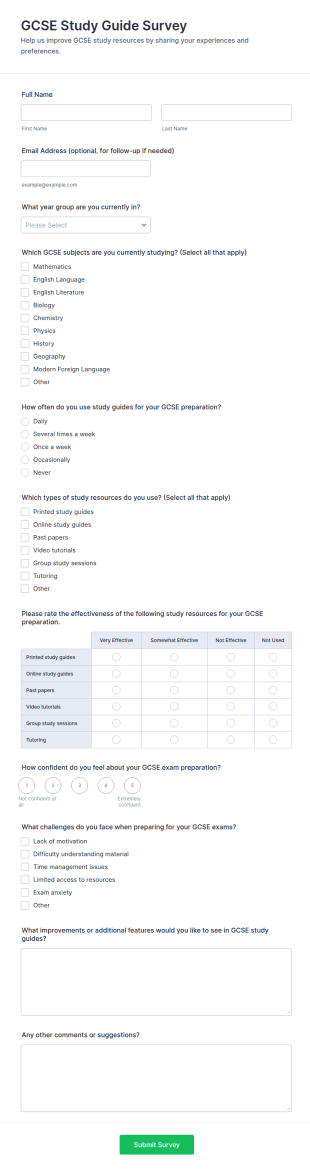 GCSE Study Guide Survey Form Template