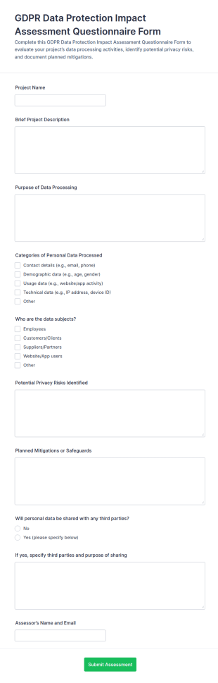 GDPR Data Protection Impact Assessment Questionnaire Form Template
