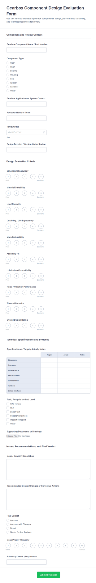 Gearbox Component Design Evaluation Form Template