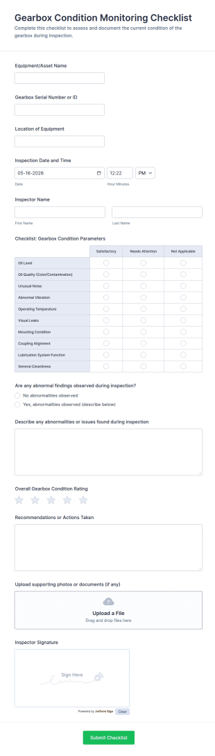 Gearbox Condition Monitoring Checklist Form Template
