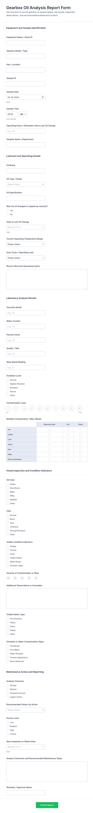 Gearbox Oil Analysis Report Form Template