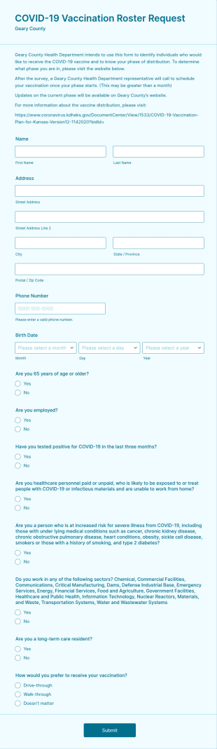 Geary County COVID 19 Vaccination Roster Request Form Template